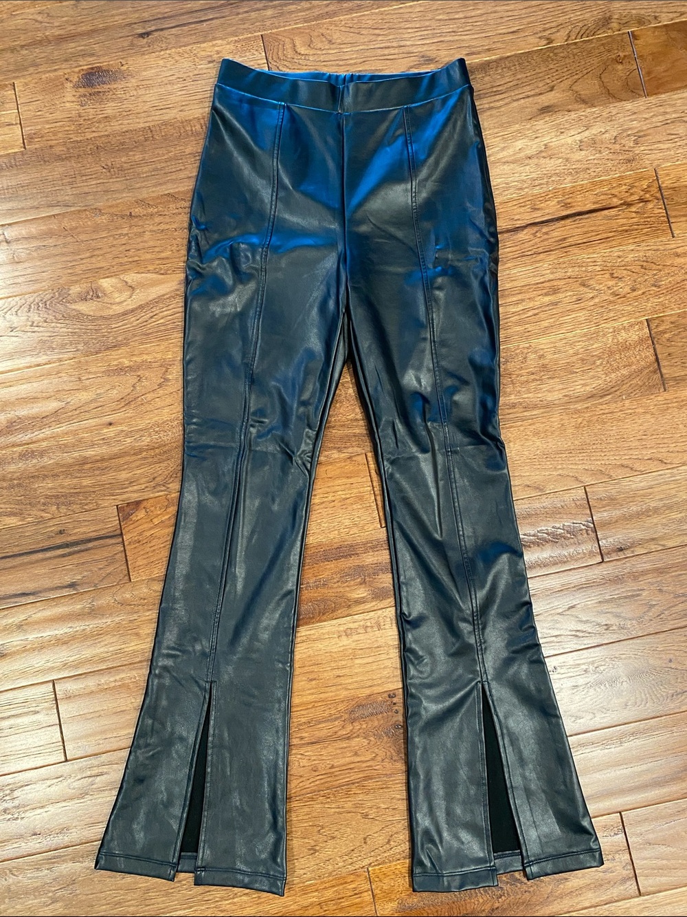 wild fable Black Faux Leather Flare Jeans with Front Slits